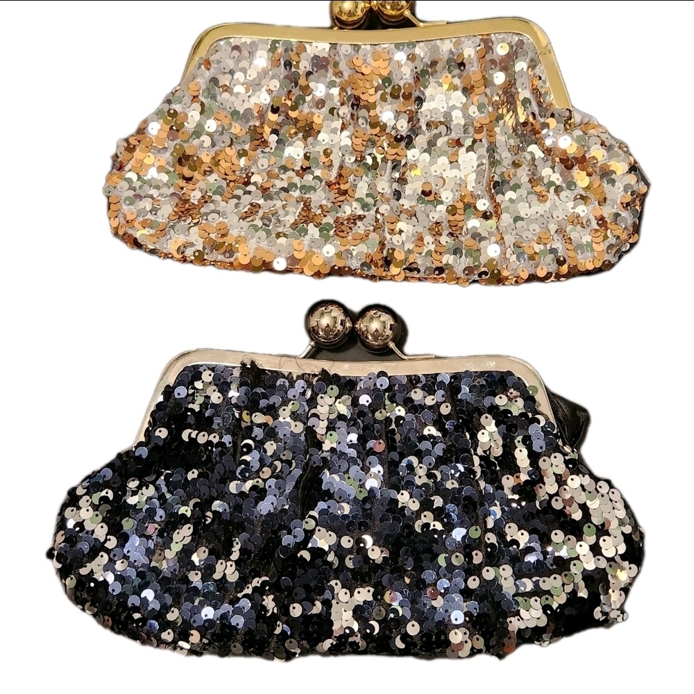 1950s Vintage Sequin Purses LOT (x2) Antique Evening Clutch Kiss-Lock Handbags